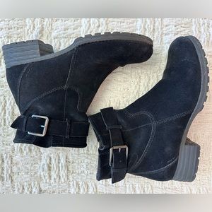 CLARKS suede ankle boots with buckle detail, size 8.5